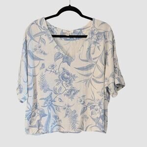 Haver & Blair London Linen Blend Floral Top XL Blue White Pullover Coastal